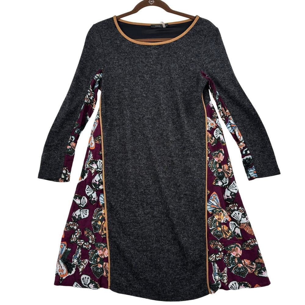THML Sweater Dress Size S Gray‎ Ribbed Contrast Back Butterfly Print Bohemian